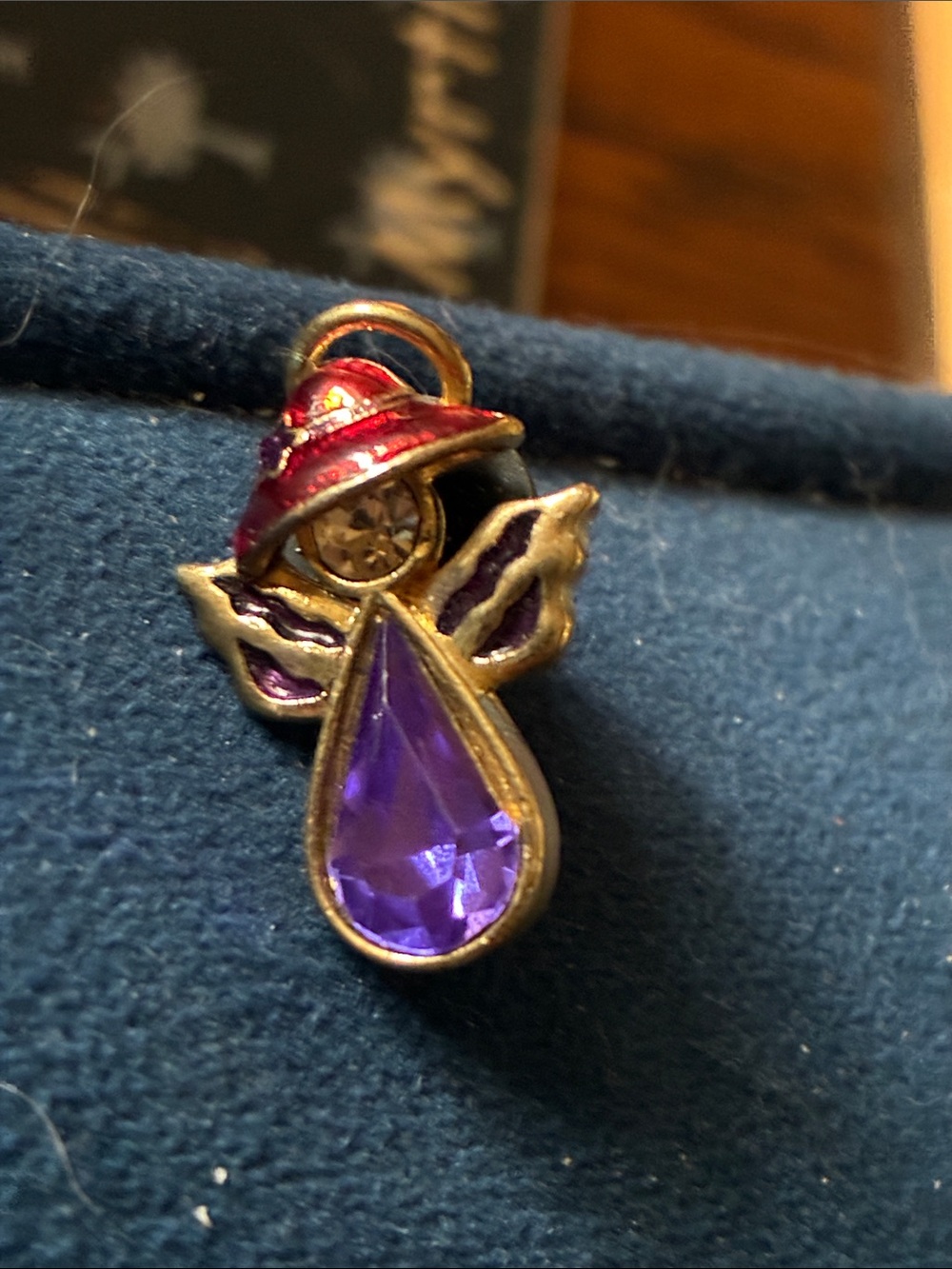 Vintage-Style Angel Charm Pendant with Purple Teardrop Gem